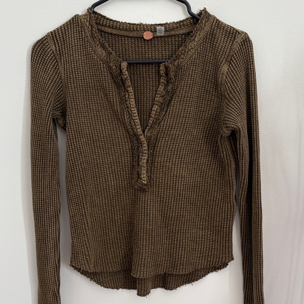 Free People Brown Waffle Knit Long Sleeve Henley
